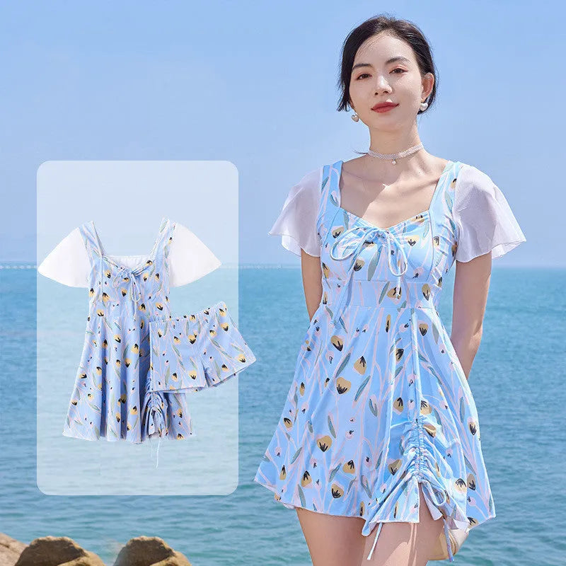Sea Salt Blue women's one-piece swimsuit with floral pattern for swimming.