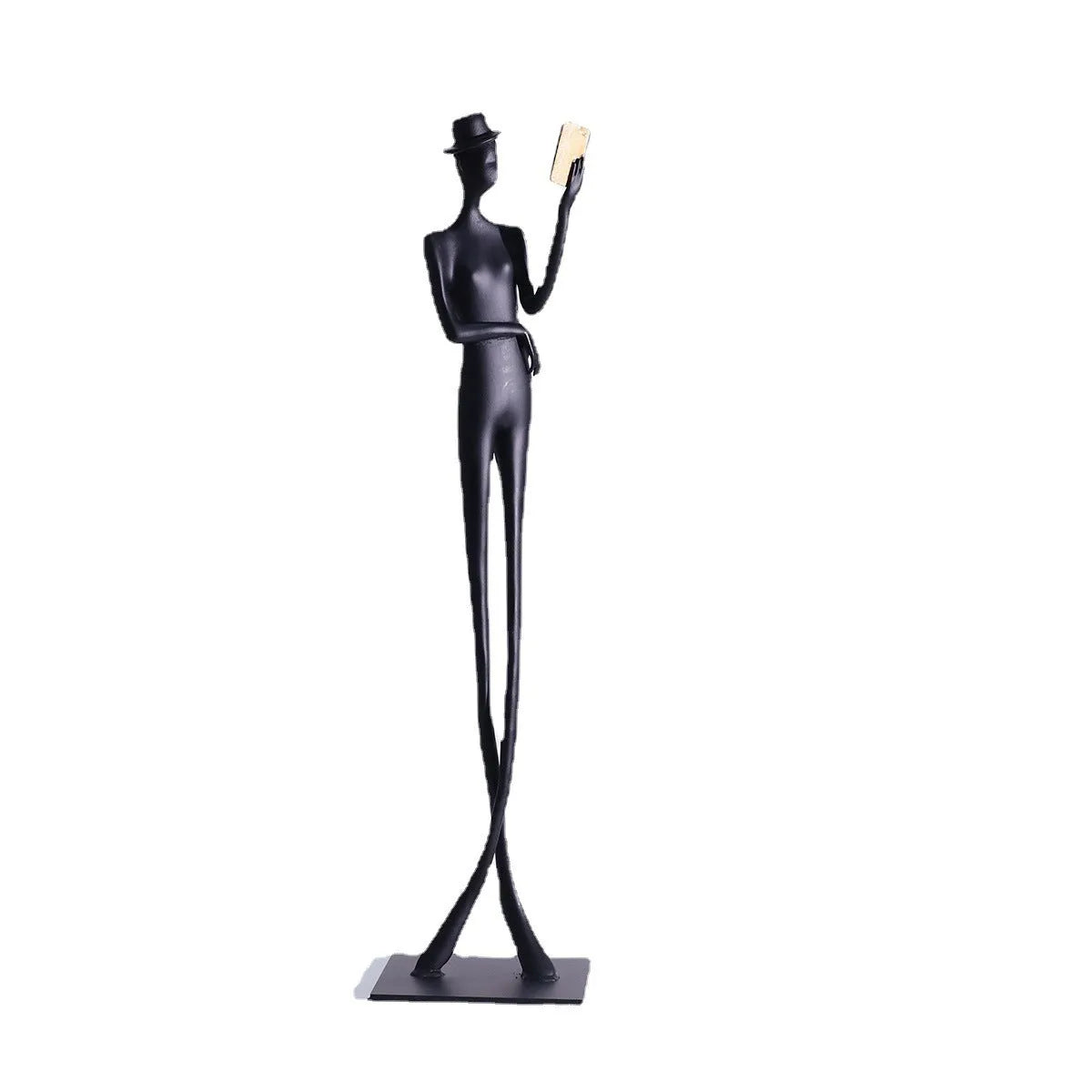 Black cast aluminium reading woman desktop sculpture modern minimalist design 51cm tall