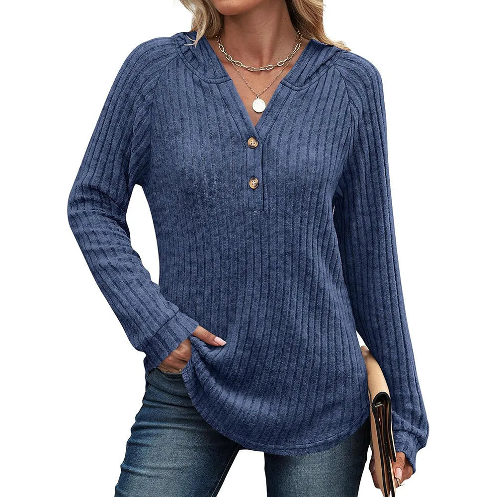 Solid colour v-neck button loose hooded fleece knitted top in polyester, available in multiple colours