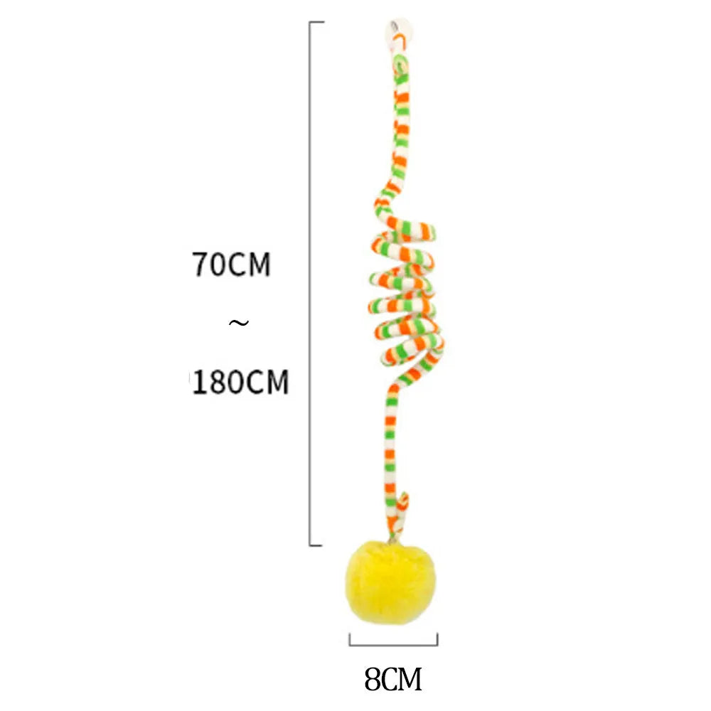 Spring cat toy with bell stick, inflatable ball, and suction cup mount in multiple colour options