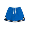 Men's loose-fit polyester sports shorts in various colours on a size chart.