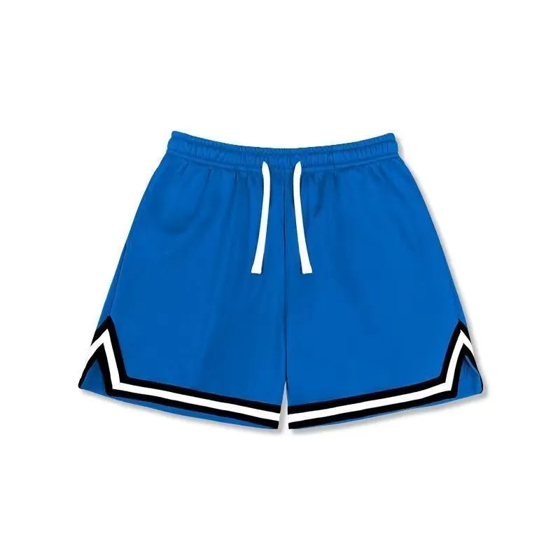 Men's loose-fit polyester sports shorts in various colours on a size chart.