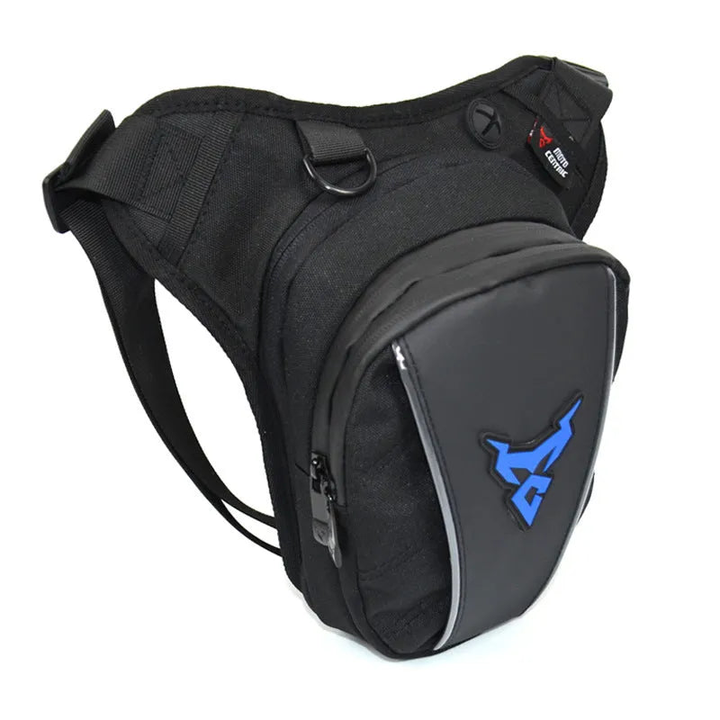 Motorcycle riding leg bag in 1200D Oxford cloth, shown in blue, with crossbody strap.