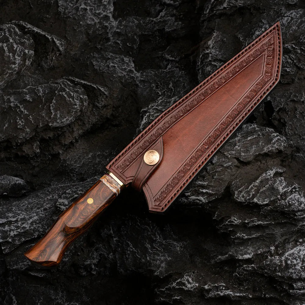Damascus steel kitchen knife with 21.8cm patterned blade, milky off-white handle, and 35cm overall length