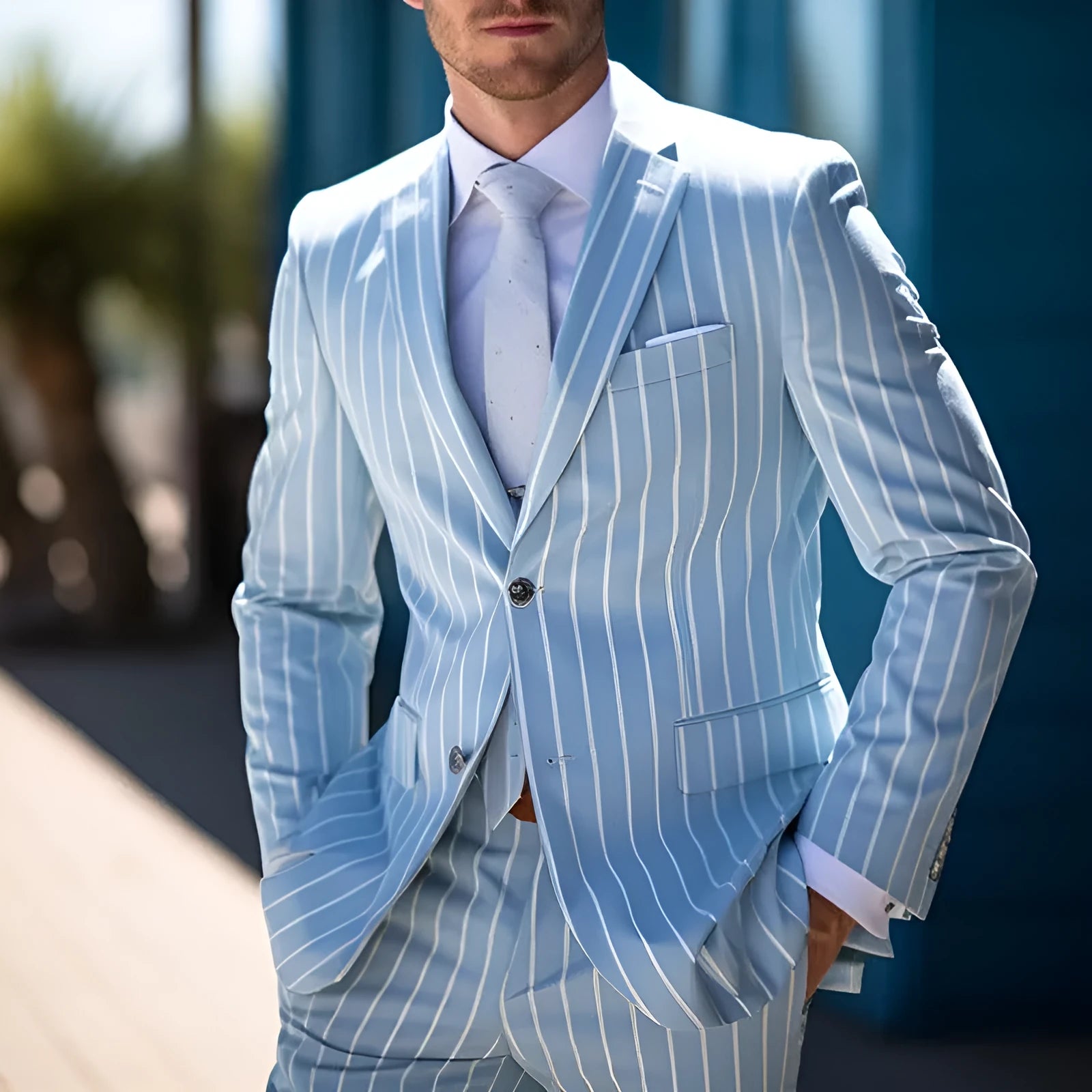 Men's blue solid colour British-style suit jacket with straight hem and white buttons.
