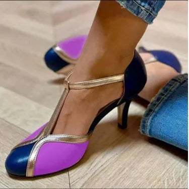 Women's round toe high heel shoes with button fastening in light blue pink, blue rose red, or wine red black colours