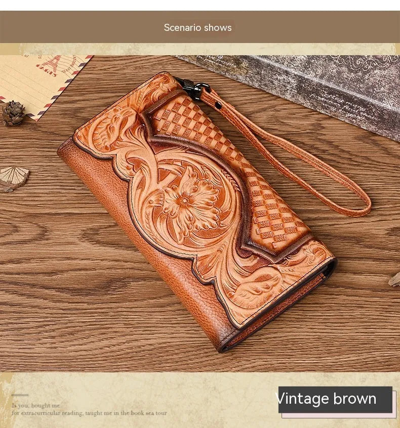 Retro brown women's tri-fold leather wallet with an embossed floral pattern, shown open and closed.