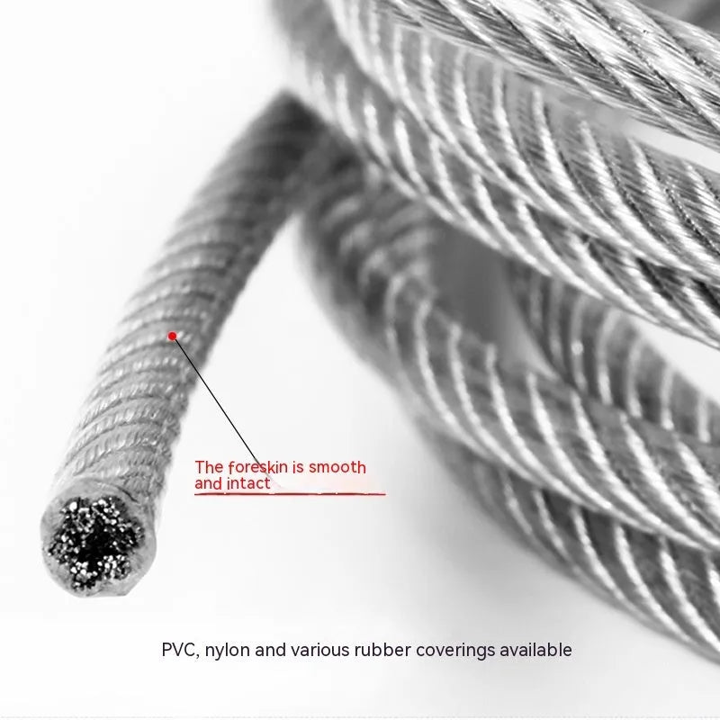 Coiled 304 stainless steel anti-theft security wire rope with a black coated finish on a grey background.