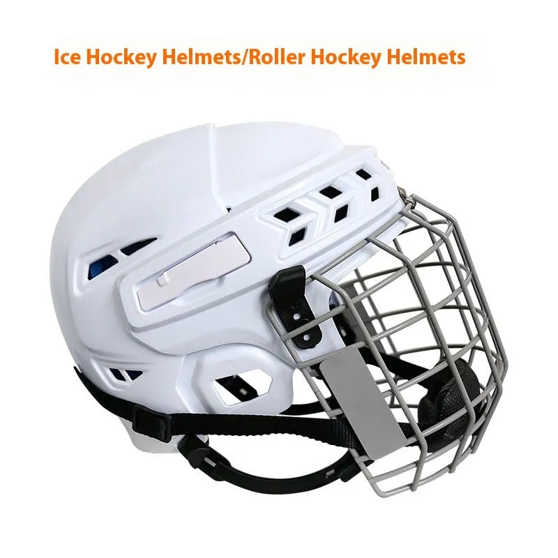 Ice hockey helmet with a carbon steel face mask, shown in size S/M/L/XL, for head protection.