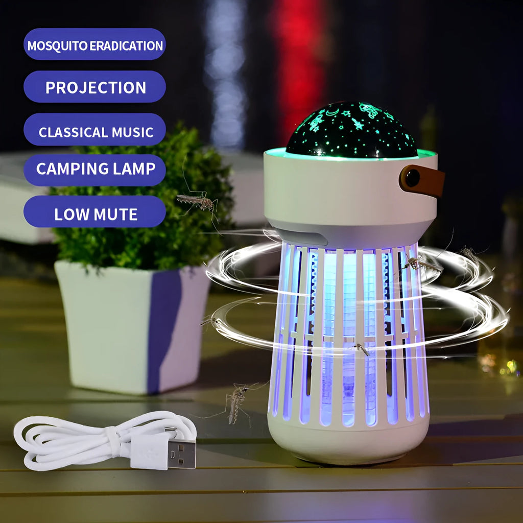 White 2-in-1 electric mosquito killer lamp with star projection feature and folding handle