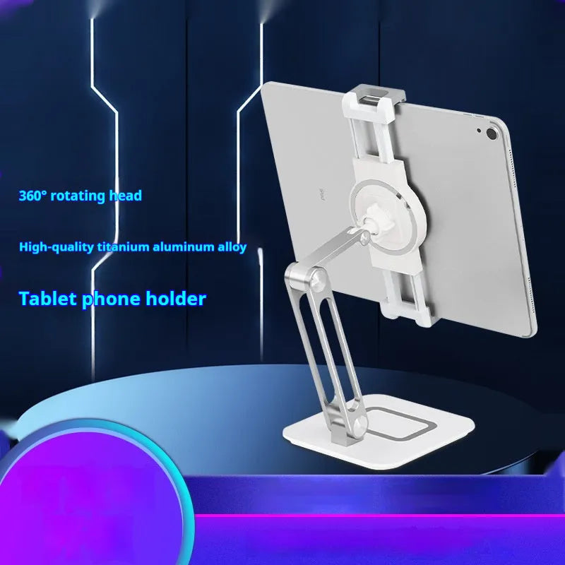White aluminium alloy folding tablet and phone stand on a desk, folded size 20x13.6x8.3cm