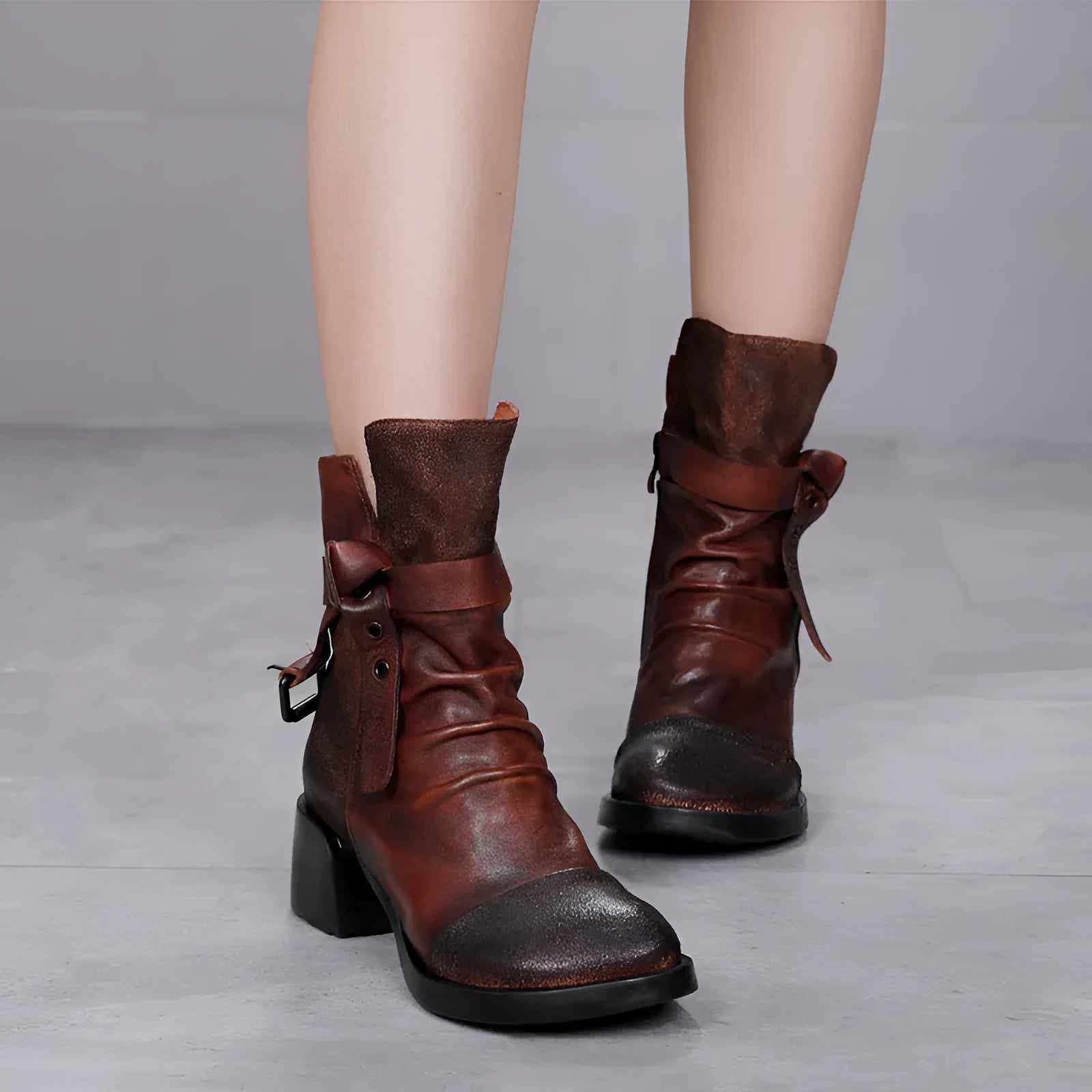 Women's retro chunky heel ankle boots genuine leather round toe solid colour black and brown sizes 35 to 40