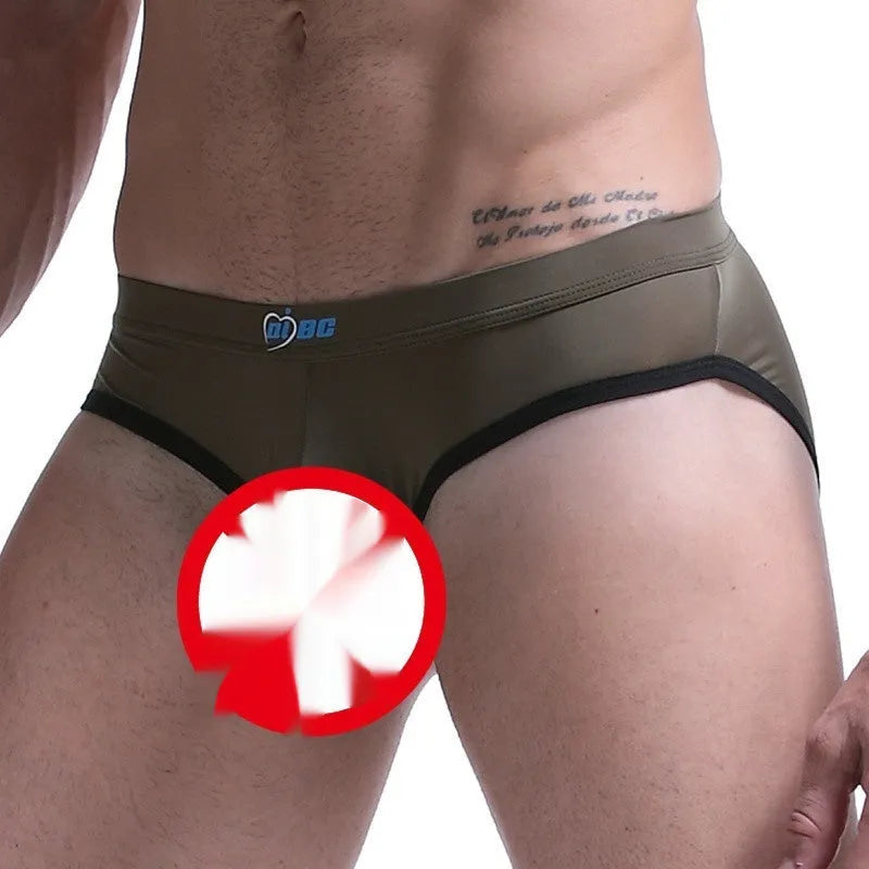 Men's ice silk bullet separation briefs in seven colours including army green, shown in mid-waist style.