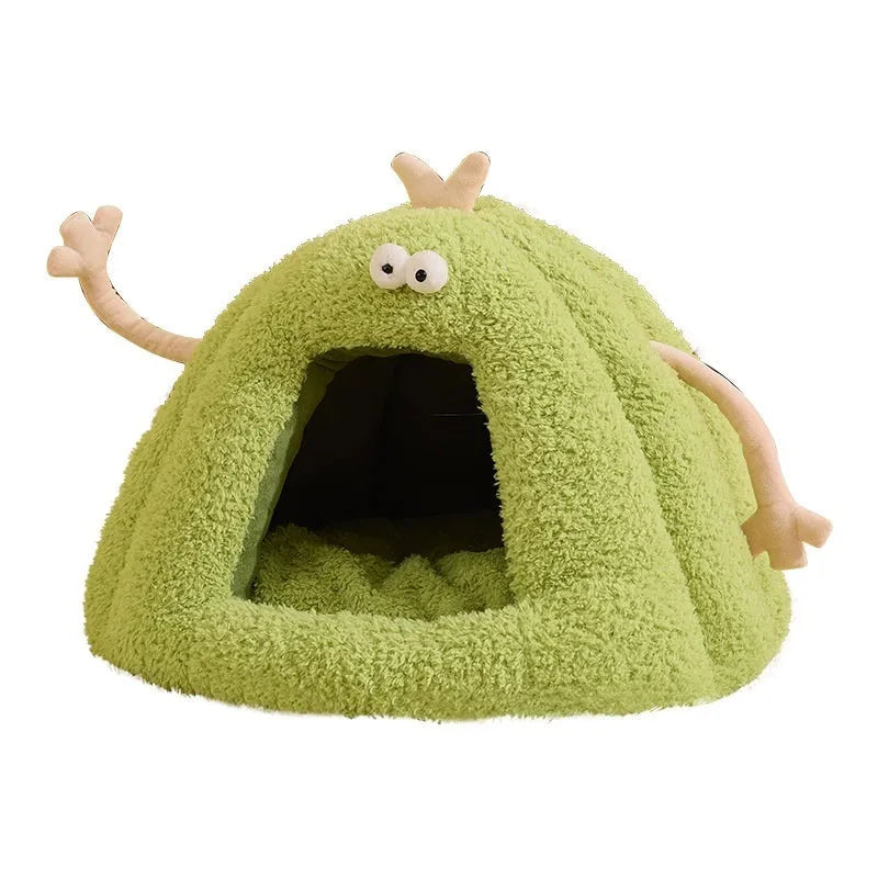 Monster-shaped semi-enclosed cat kennel in yellow, purple, or green colour with soft bubble velvet lining