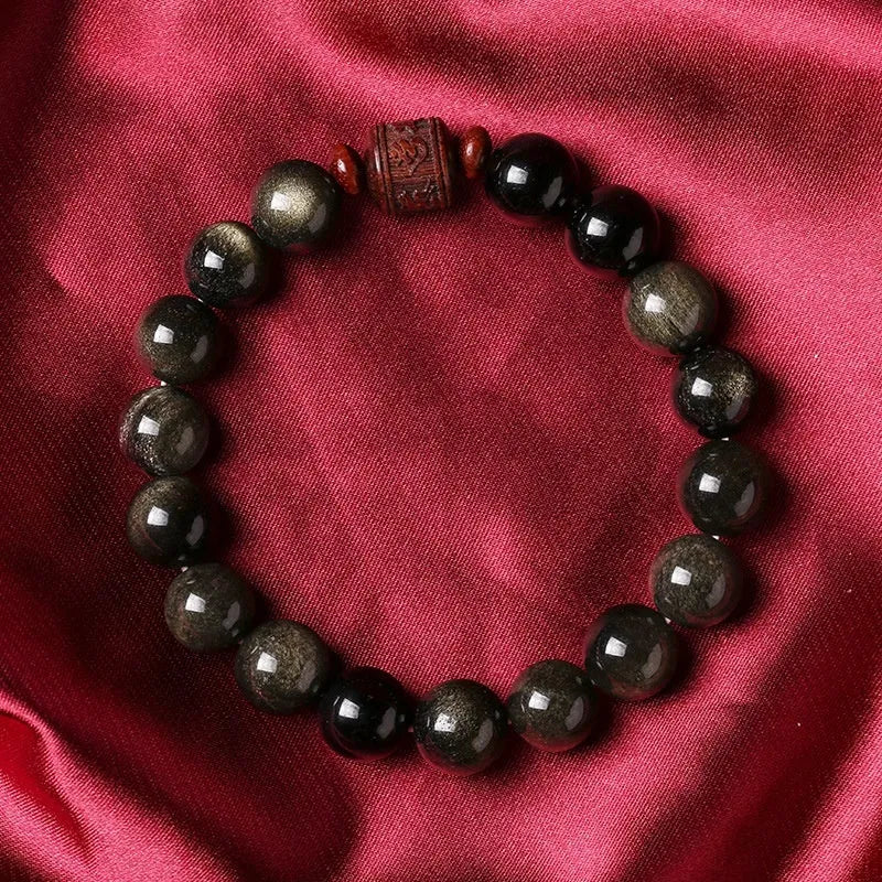 Vintage golden obsidian life bracelet with hand-woven 10mm round beads in a unisex national style design.