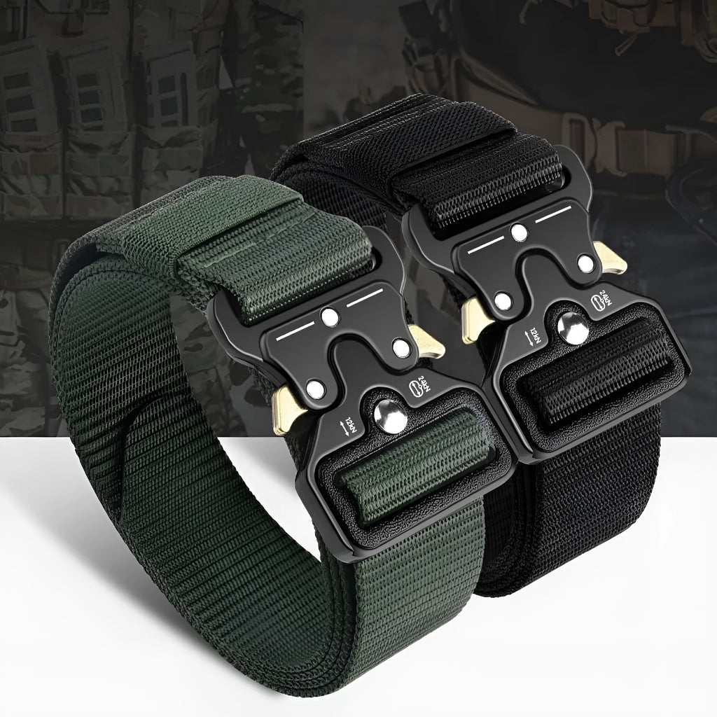 Men's thick canvas tactical belt with alloy buckle shown in Army Green colour on 120cm length