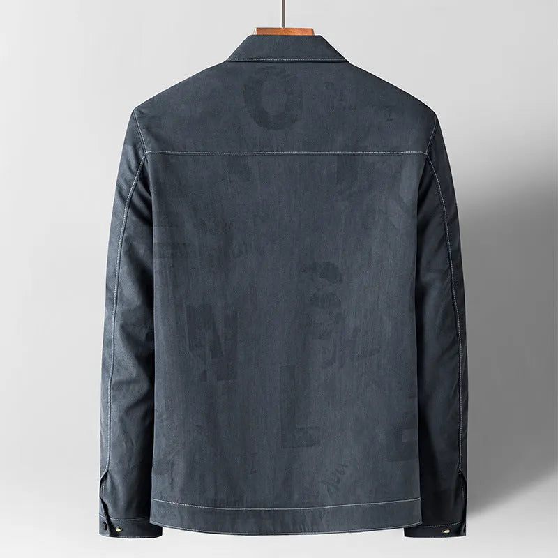 Men's slim fit multi-pocket denim jacket coat in gray, lapel collar, long sleeves