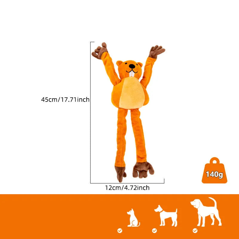 Orange plush dog toy for interactive tug-of-war, chewing and noise-making play