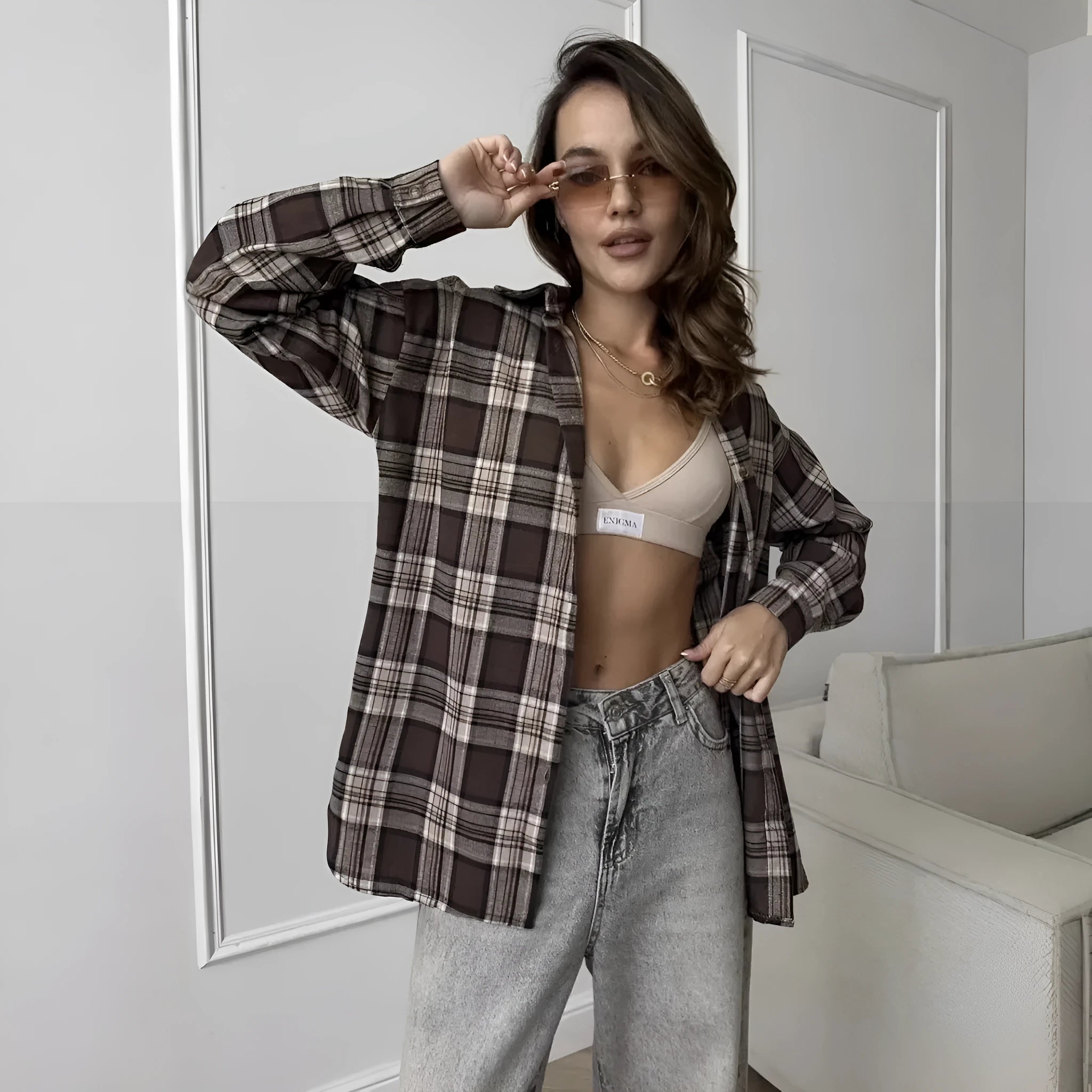 Dark brown striped women's retro shirt with long sleeves and cotton blend fabric