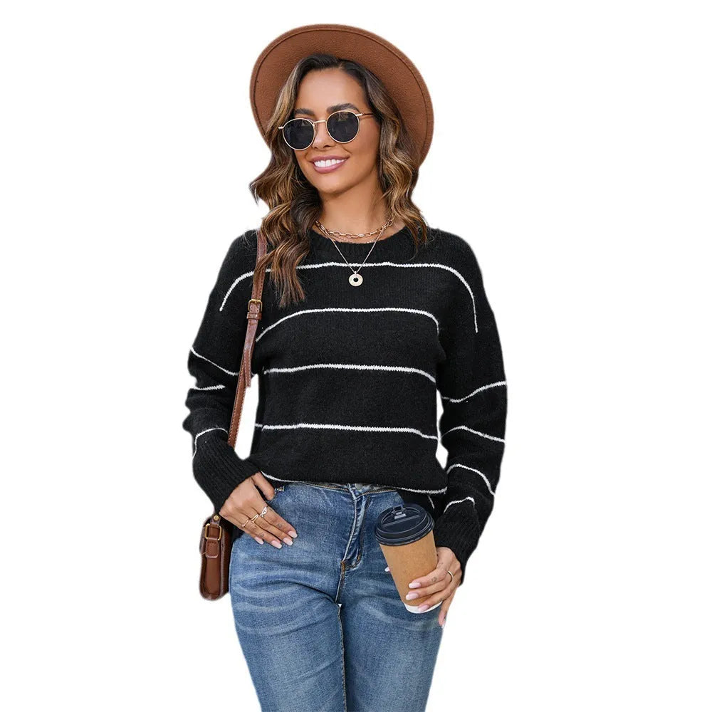 Women's striped loose fit pullover sweater round neck street fashion casual wear