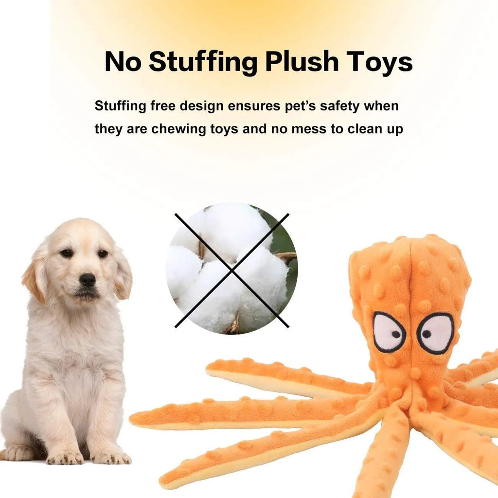Blue unfilled octopus plush dog toy with crinkle and squeaker, shown next to a tape measure indicating its 32cm length.