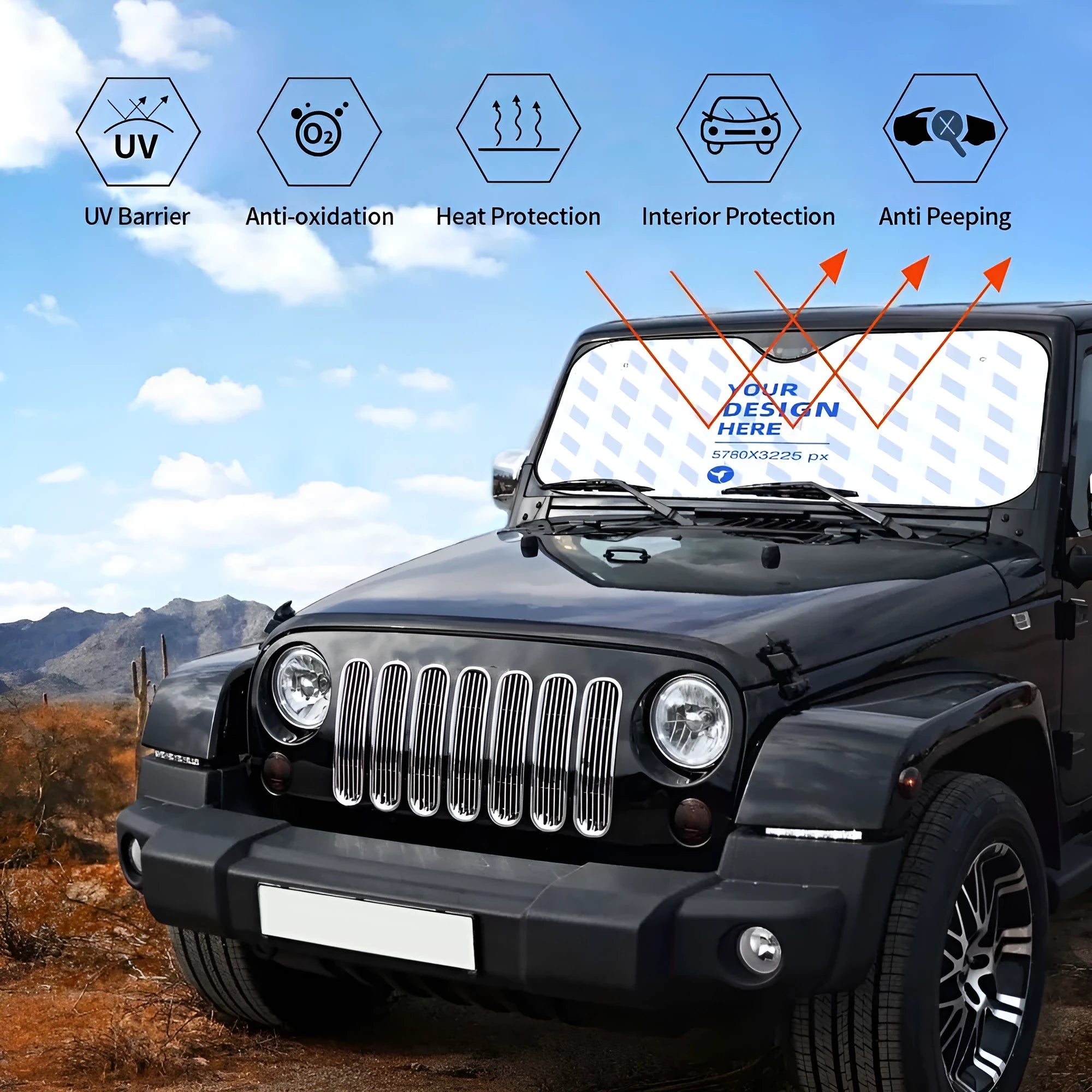 Black stiff heat insulation car windshield sunshade with eagle print, polyester bubble aluminium film, foldable design with elastic band