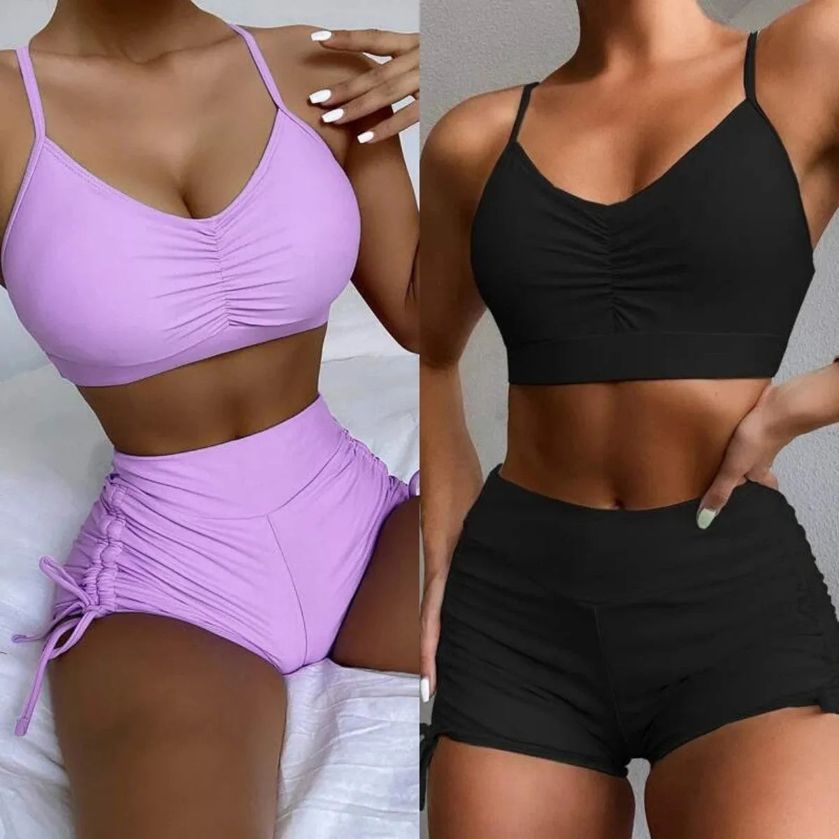 Purple and black women's high-waisted split bikini swimsuit on a mannequin.