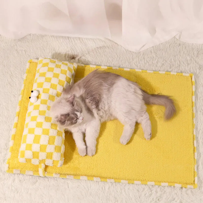 Four-season pet nest cushion in grey or yellow available in four sizes with measured dimensions and weight recommendations