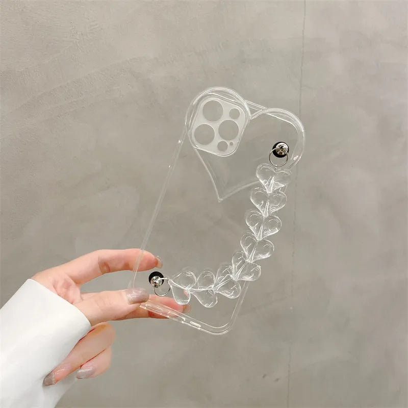 Transparent iPhone case with love bracelet chain design for Apple models 7 through 13 Pro Max