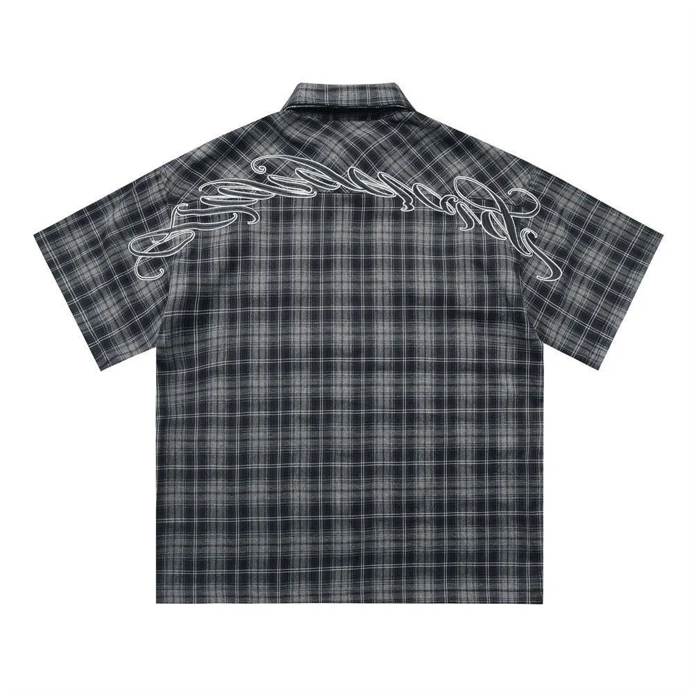 Men's black plaid shirt with embroidered letter on lapel and short sleeves