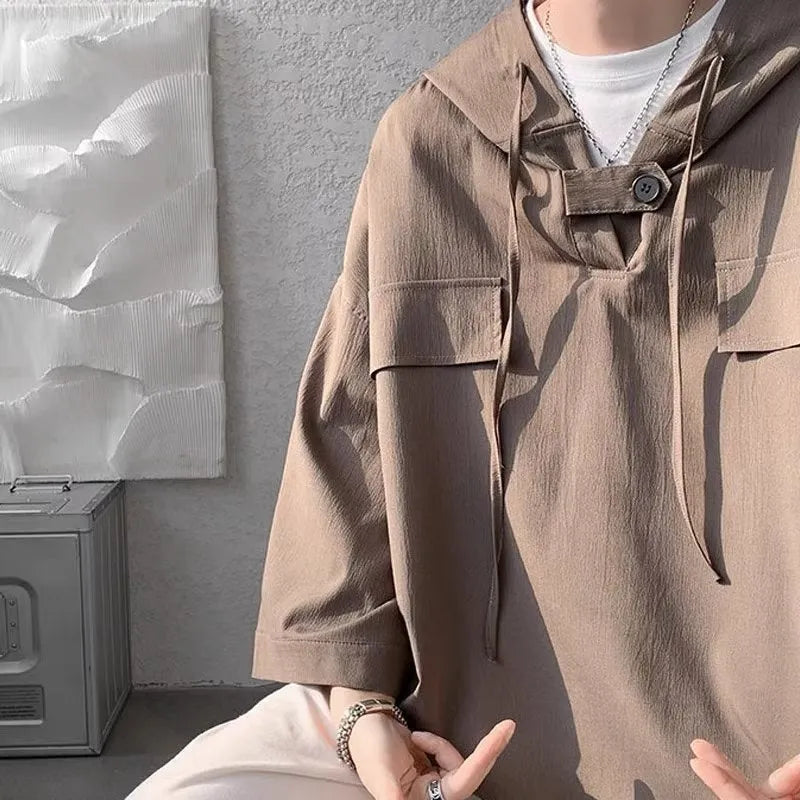 Men's hooded short sleeve t-shirt in polyester fabric available in multiple colours and plus sizes