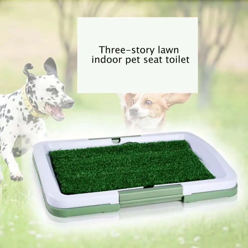Green synthetic turf dog grass patch toilet training tray with three layers.