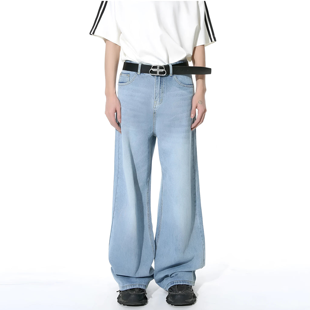 Men's retro washed straight leg jeans in dark blue, loose fit, mid waist, cotton blend denim