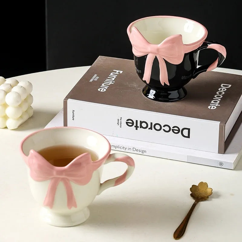 Ceramic heart bow mug in black pink or white powder colour with 340ml capacity