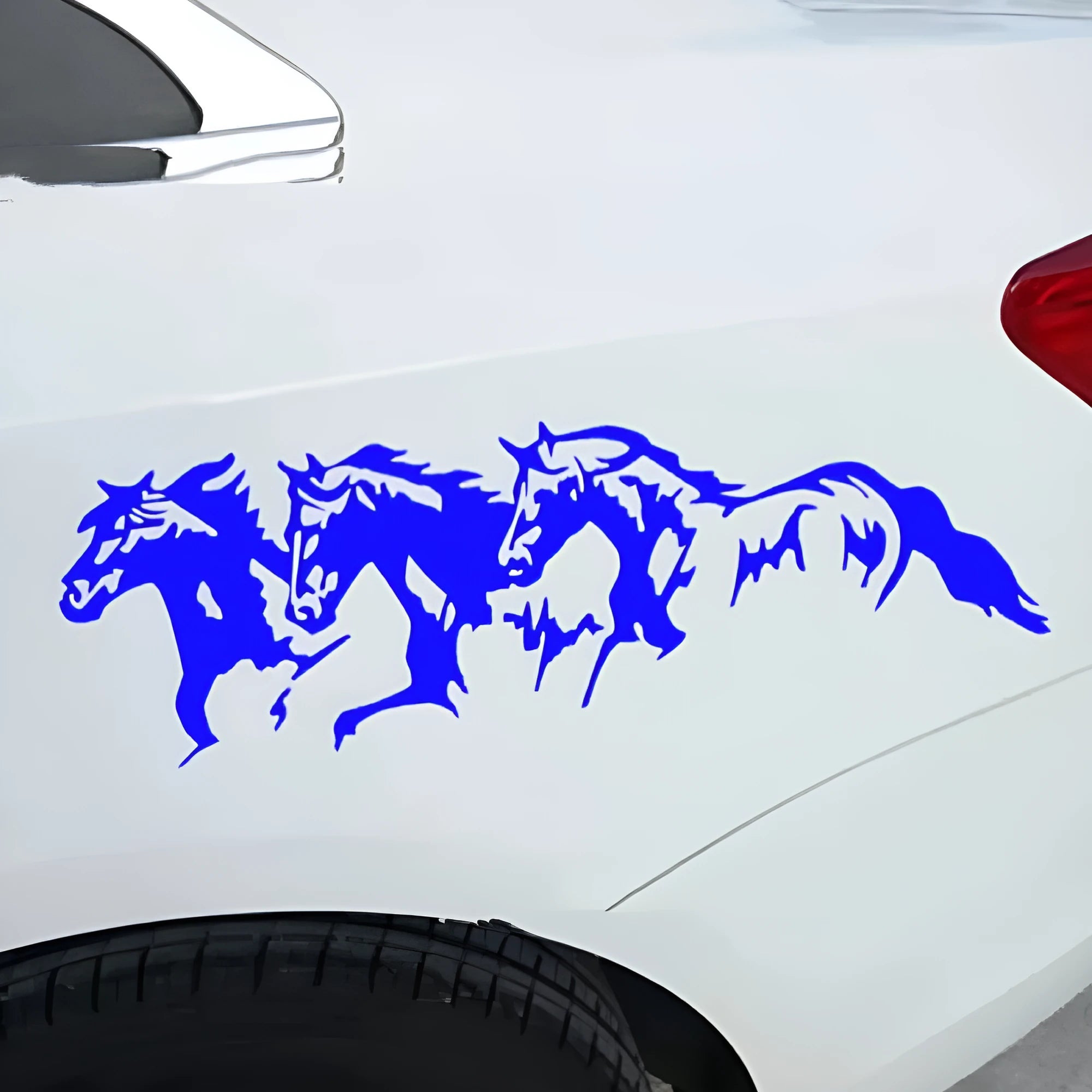 Three Horses design vinyl car sticker measuring 25 by 8 cm in black, white, red, and blue colour options.