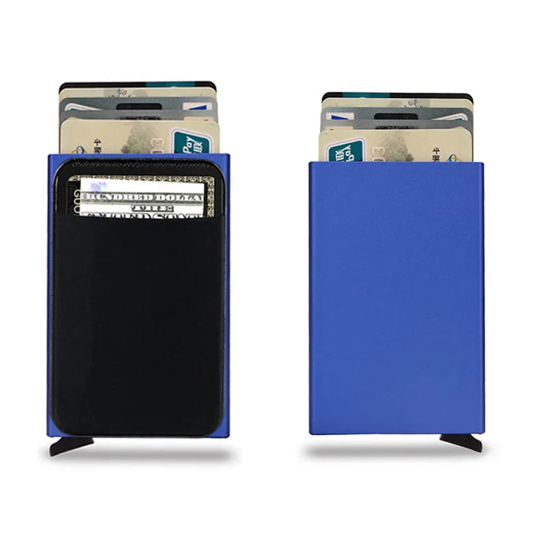 Frosted metal slim credit card wallet in aluminium alloy showing colour options.