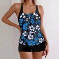 Lady sexy slim-fit printed boxers suit bikini set in blue flower pattern, polyester spandex, S-XXL