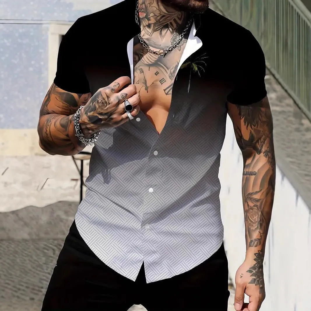 Men's slim fit short sleeve shirt with geometric line printing on the lapel, cardigan style, in a light colour.