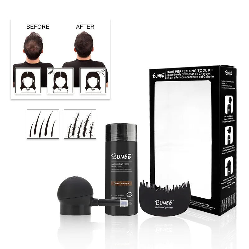 Hair fibre powder three-piece set showing powder container, spray applicator, and sealing spray in box
