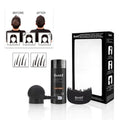 Hair fibre powder three-piece set showing powder container, spray applicator, and sealing spray in box