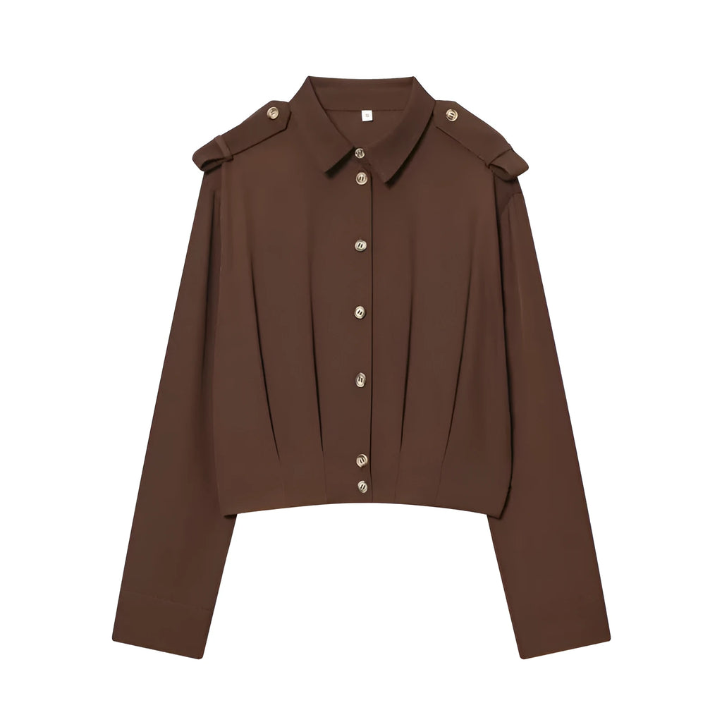 Women's loose fit brown polyester shirt with all-over plants and flowers print, shoulder strap style, front view