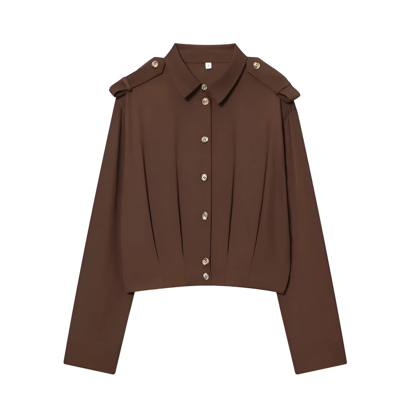 Women's loose fit brown polyester shirt with all-over plants and flowers print, shoulder strap style, front view
