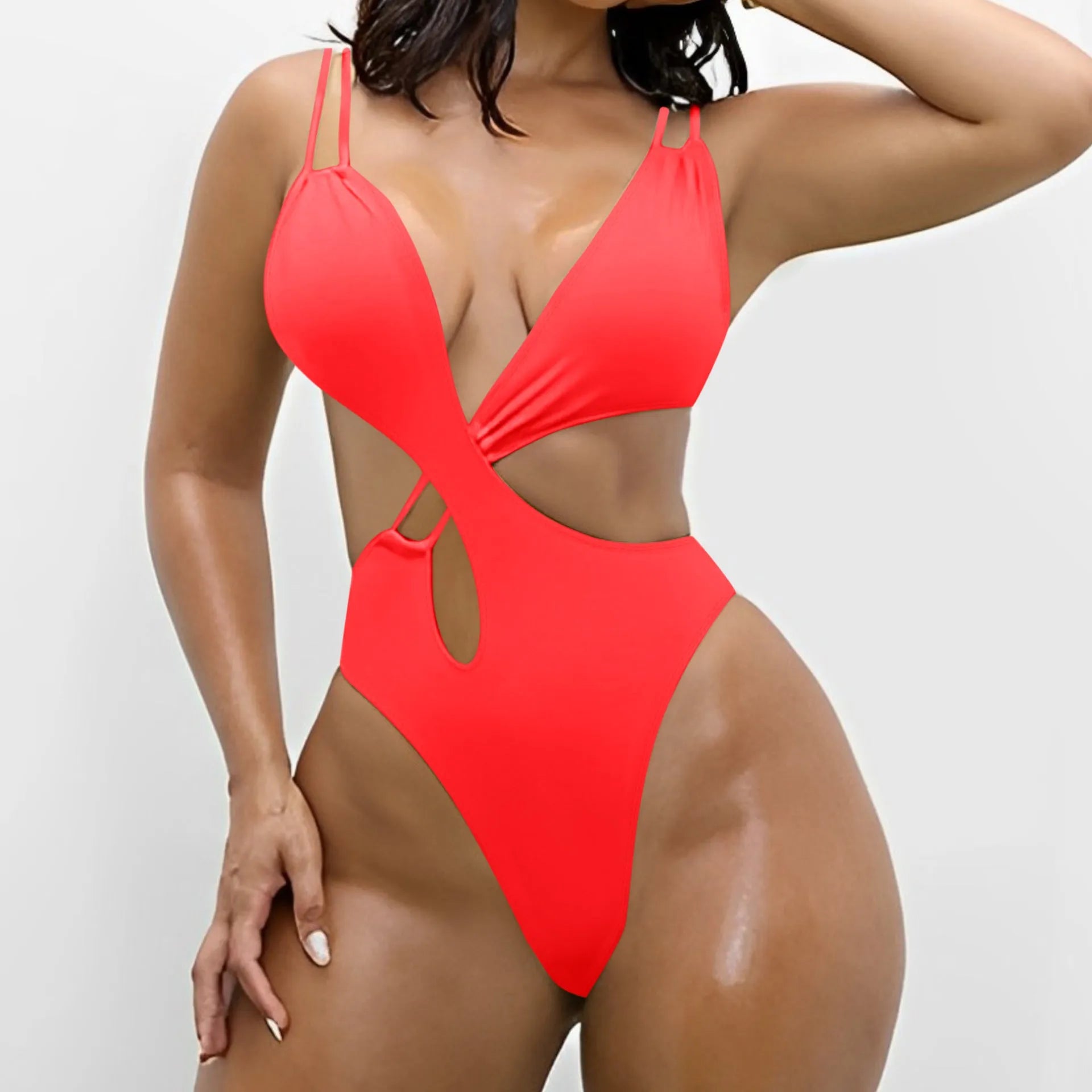 Women's solid colour backless one-piece swimsuit in nylon, shown in watermelon red, goose yellow, lake blue, or peacock blue.