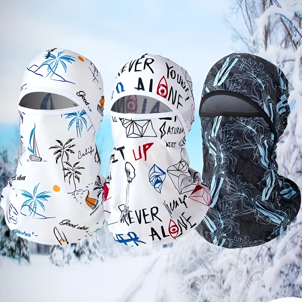 Cotton motorcycle head cover in a pattern design with a pair of matching gloves for winter riding.
