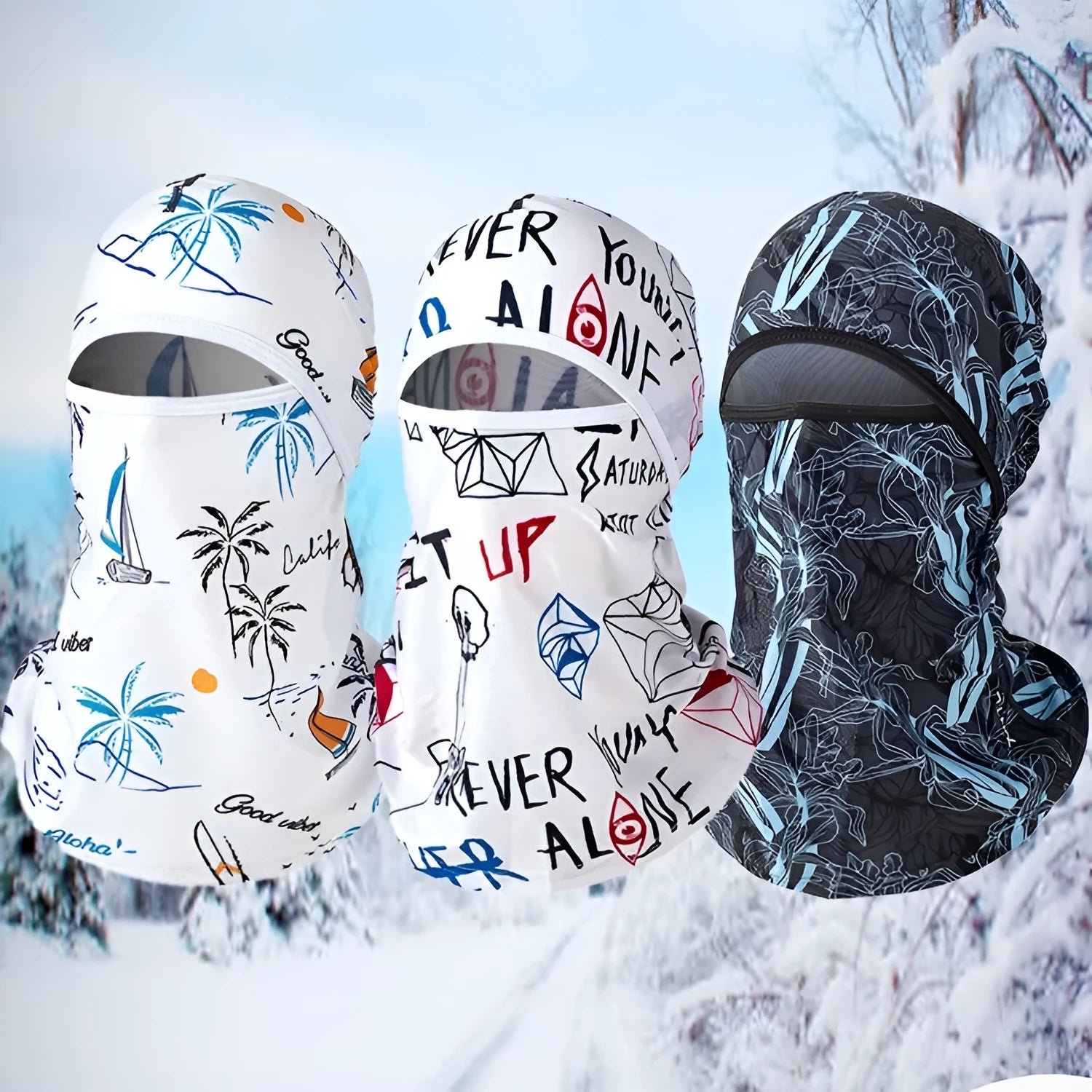 Cotton motorcycle head cover in a pattern design with a pair of matching gloves for winter riding.