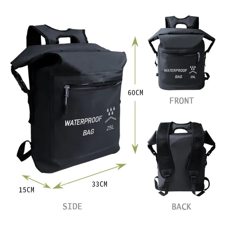 Black 25-litre waterproof outdoor backpack with a mesh clip for water sports.
