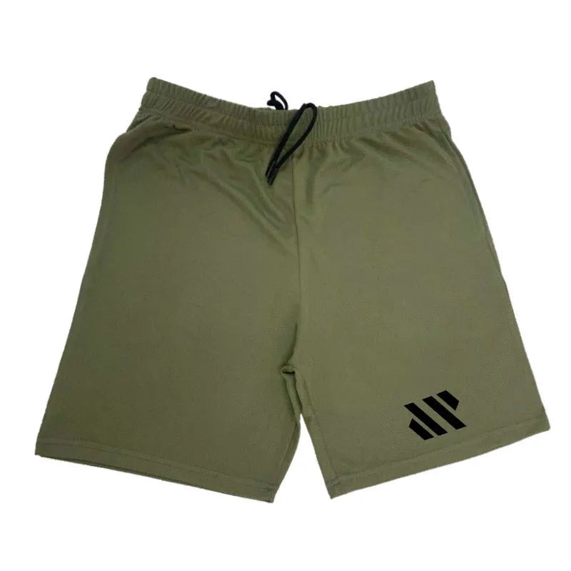 Man's loose-fit metal silk sports shorts in various colours on a hanger.