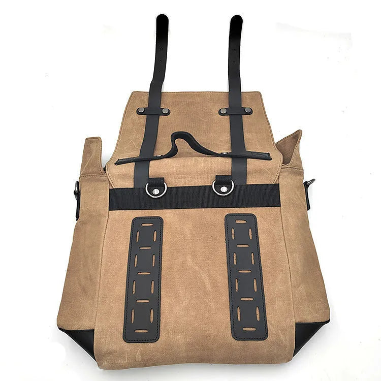 Black waterproof canvas motorcycle side bag with dimensions 300x280x150mm mounted on motorcycle