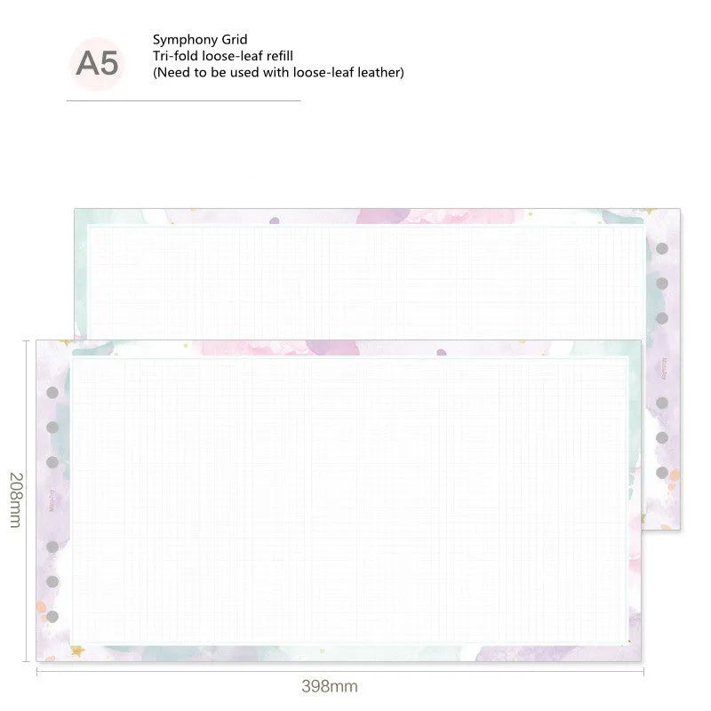 Loose-leaf refill sheets for planners in A7, A6, and A5 sizes showing floral and schedule layouts