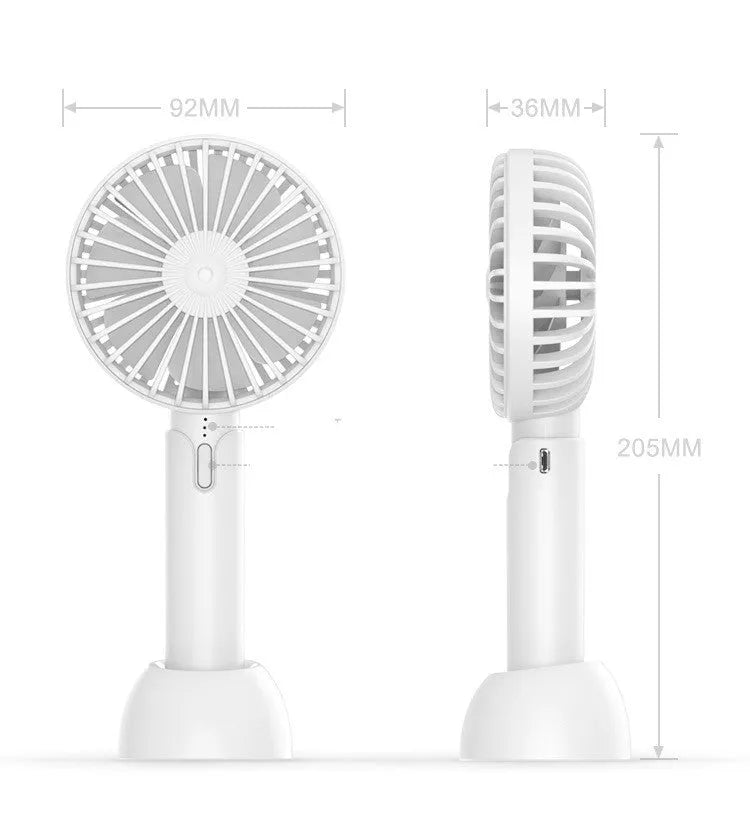Blue handheld mini USB desk fan with three-speed control and shaking head